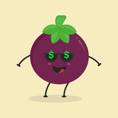 Cute Flat Cartoon Mangosteen Illustration. Vector illustration of cute mangosteen with a smiling expression. Cute fruit mascot design