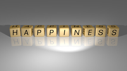 Happiness built by golden cubic letters from the top perspective, excellent for the concept presentation