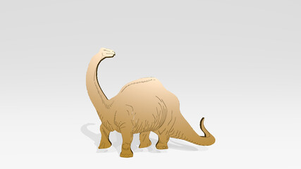 DINOSAUR on the wall. 3D illustration of metallic sculpture over a white background with mild texture. creature and cute