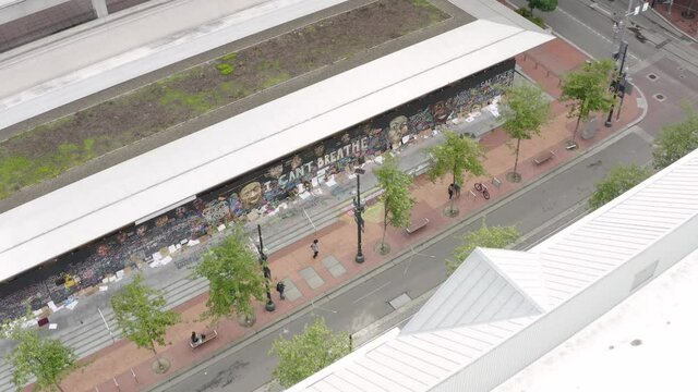 High Aerial View of Black Lives Matter Graffiti on Exterior of Pioneer Place Apple Store in Portland Oregon