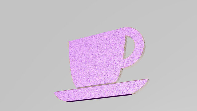 cup of coffee on the wall. 3D illustration of metallic sculpture over a white background with mild texture. beverage and woman