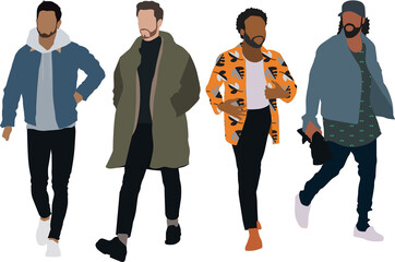 Diverse Group of Men Walking; Flat Vectors for Architectural and Urban Rendering.