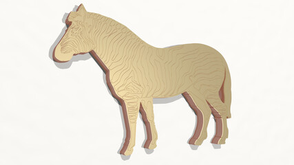horse from a perspective on the wall. A thick sculpture made of metallic materials of 3D rendering. equestrian and art