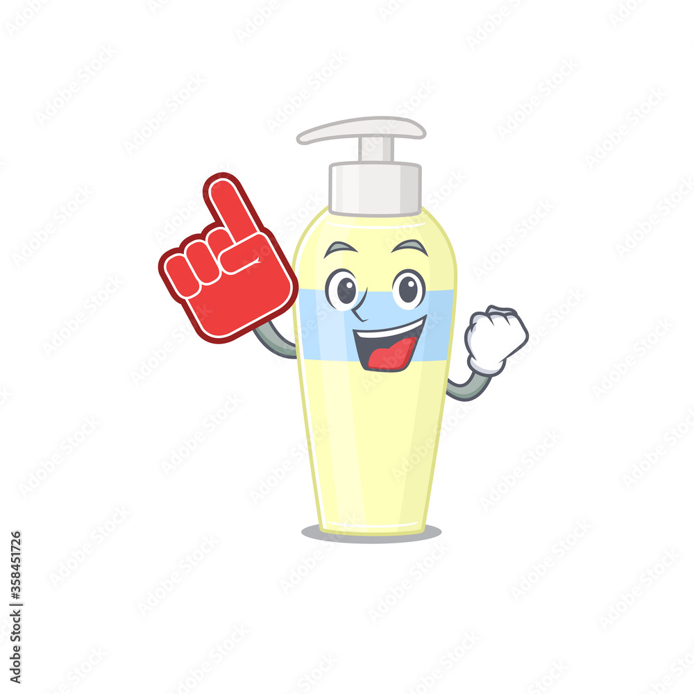 Poster serum in cartoon drawing character design with foam finger