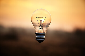 Closeup incandescent light bulb with blur on sky and sunset background.
