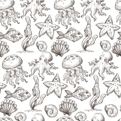 Octopus and seashell, fishes and seaweed aquarium seamless pattern