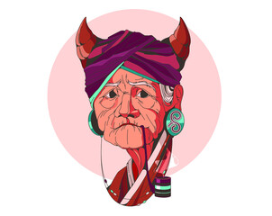 Vector illustration of an old smoking ethnic woman. National clothes, smoke. Portrait. Character design.