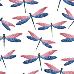 Dragonfly ornamental seamless pattern. Spring clothes fabric print with damselfly insects. Garden 