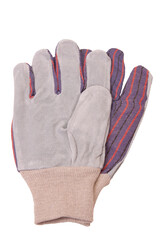Leather palm and fabric back work gloves shot in studio on white background