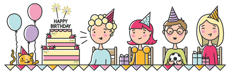 Happy group of children celebrating birthday party line art vector