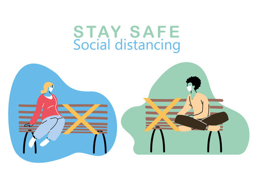 women with mask sitting at safe distance