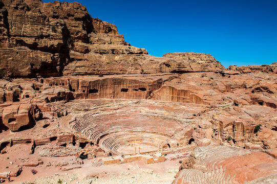It's Ancient theater in Petra (Rose City), Jordan. Petra is one of the New Seven Wonders of the World.