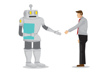 Human and robot hand shaking. Concept of negotiating business, cooperation, collaboration, teamwork, communication or partnership with a robot. Isolated vector illustration.