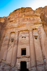 It's One of the multiple dwellings in Petra (Rose City), Jordan. The city of Petra was lost for over 1000 years. Now one of the Seven Wonders of the Word