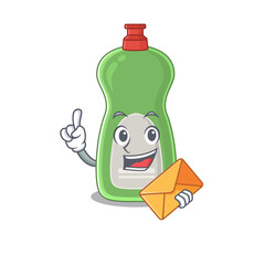 A picture of cheerful dishwashing liquid caricature design concept having an envelope