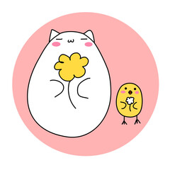 Cat and chick hold flower