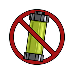 Prohibition of the use of batteries. Cartoon contour illustration of an alkaline battery in a prohibition sign. Danger pollution of nature. Vector element for icons, stickers, badges and your design.