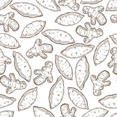 Ginger and sweet potato vegetables colorless seamless pattern