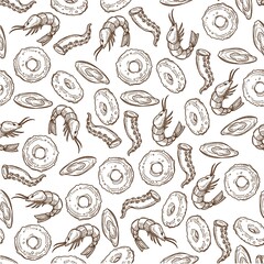 Seafood menu, fried shrimp rings dish seamless pattern
