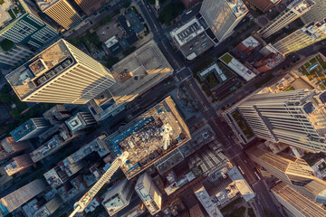 High angle aerial view of Chicago Downtown buildings with antennas