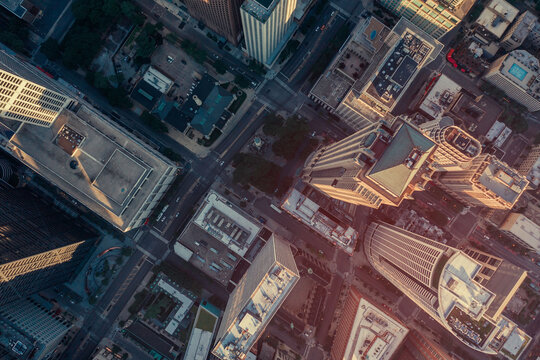 Top Down Aerial View Of Chicago Downtown Skyscrapers In Late Afternoon