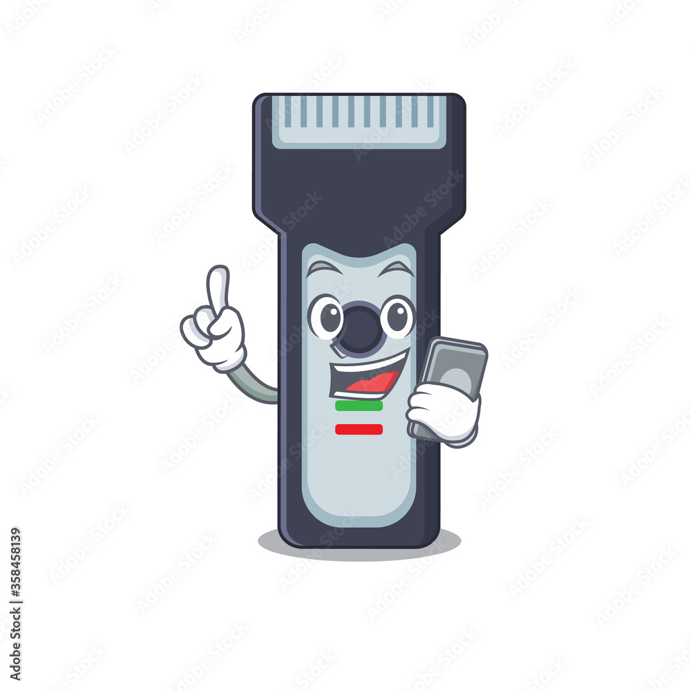 Sticker caricature character design style of electric shaver speaking on phone