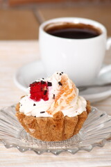 Tart with Jam, Whipped Cream, Fruits and Coffee Cup