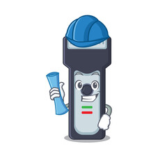 Caricature design concept of electric shaver Architect with new city landscape blue prints