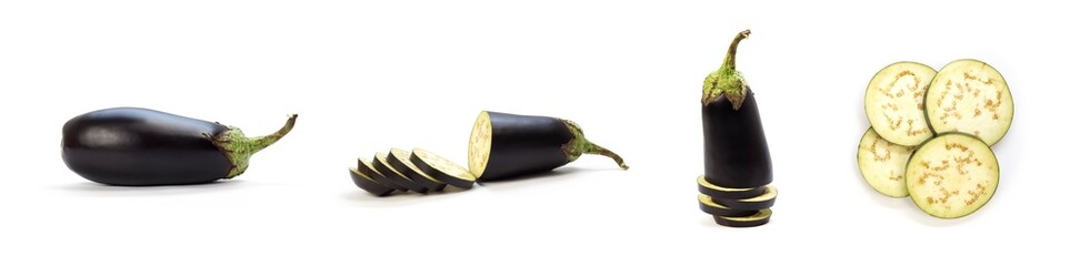 Set of sliced eggplant. Close up. Isolated on a white background