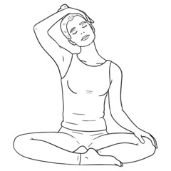monochrome comic outline drawing of a woman doing yoga stretching her neck to the side.