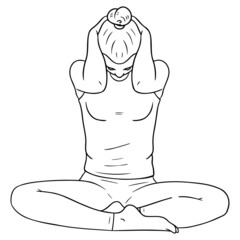 monochrome comic outline drawing of a woman doing yoga stretching her neck.
