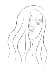 The face of a beautiful girl. Portrait of a woman in line art style. Freehand drawing young woman. Vector illustration isolated on a white background.