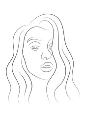 The face of a beautiful girl. Portrait of a woman in line art style. Freehand drawing young woman. Vector illustration isolated on a white background.