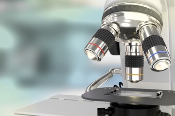 medical study concept, laboratory hi-tech scientific microscope on selective focus background - object 3D illustration
