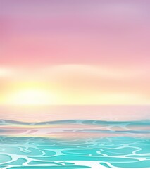 Sunset or sunrise in ocean. Nature landscape background. Pink clouds in sky to shining sun above sea surface. Realistic evening or morning view. Sunrays under wave horizon. Vector stock illustration.
