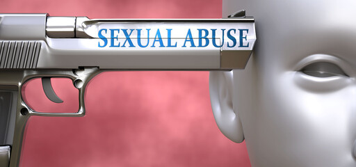 Sexual abuse can be dangerous - pictured as word Sexual abuse on a pistol terrorizing a person to show that it can be unsafe or unhealthy, 3d illustration