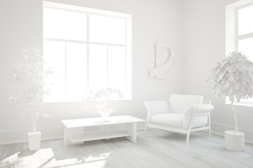 modern white room with plants,chaiir and table interior design. 3D illustration