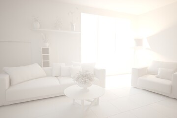 modern white room with safa,lamp,plants and armchair interior design. 3D illustration