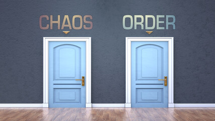 Chaos and order as a choice - pictured as words Chaos, order on doors to show that Chaos and order are opposite options while making decision, 3d illustration