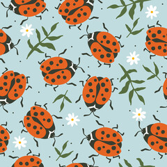Seamless pattern, ladybugs and flowers, hand drawn overlapping backdrop. Colorful background vector. Cute illustration, insects. Decorative wallpaper, good for printing