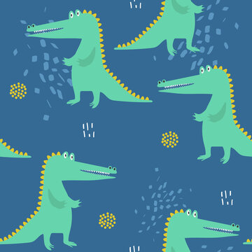 Crocodiles, hand drawn backdrop. Colorful seamless pattern with animals. Decorative cute wallpaper, good for printing. Overlapping background vector. Design illustration © Talirina