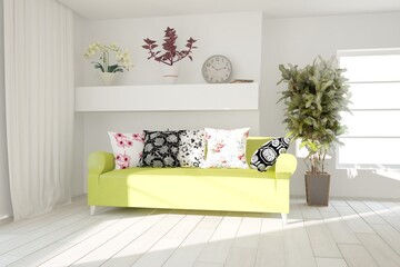 modern idea of room with green sofa and pillows  interior design. 3D illustration
