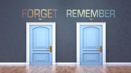 Forget and remember as a choice - pictured as words Forget, remember on doors to show that Forget and remember are opposite options while making decision, 3d illustration