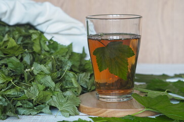 The season of collecting young leaves of blackcurrant for drying and use as tea. Leaves of fresh currant, a glass of loose tea on a white wooden table.