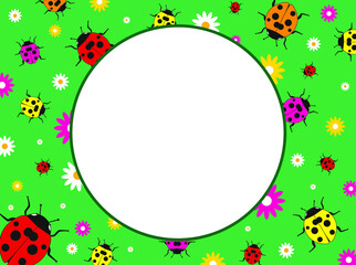 Ladybug and camomile frame, template, banner, mock up. Vector illustration.