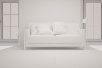 modern ide of interior with white sofa,lamp and plamts interior design. 3D illustration
