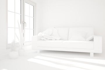 Modern idea of white room interior design. 3D illustration