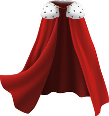 3d realistic cape in red with white fur and golden details. Flowing, wavy fabric for carnival, king and royalty.