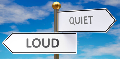 Loud and quiet as different choices in life - pictured as words Loud, quiet on road signs pointing at opposite ways to show that these are alternative options., 3d illustration