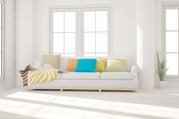 modern room with sofa,pillows,plaid and plant in white pot interior design. 3D illustration